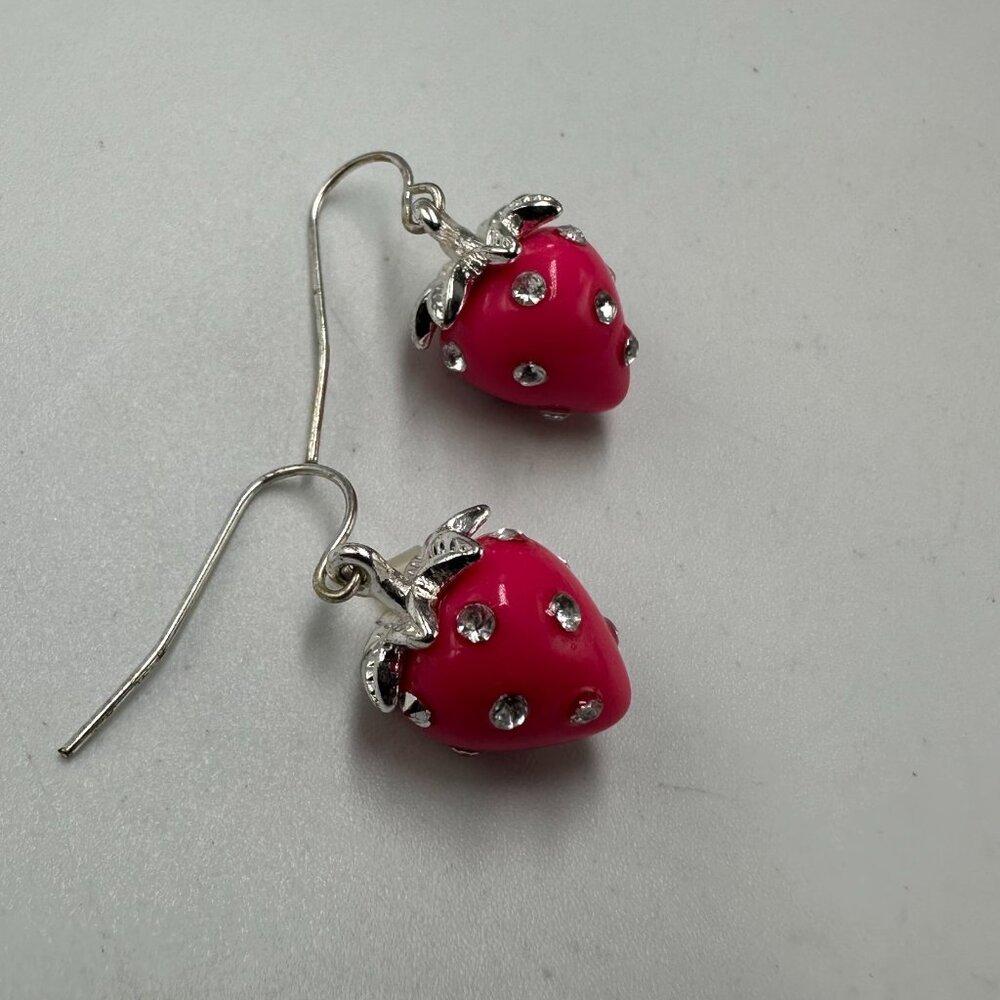 3/$30 Strawberry Dangle Earrings Pink Silver Tone Rhinestone Accents Fruit - Picture 7 of 11